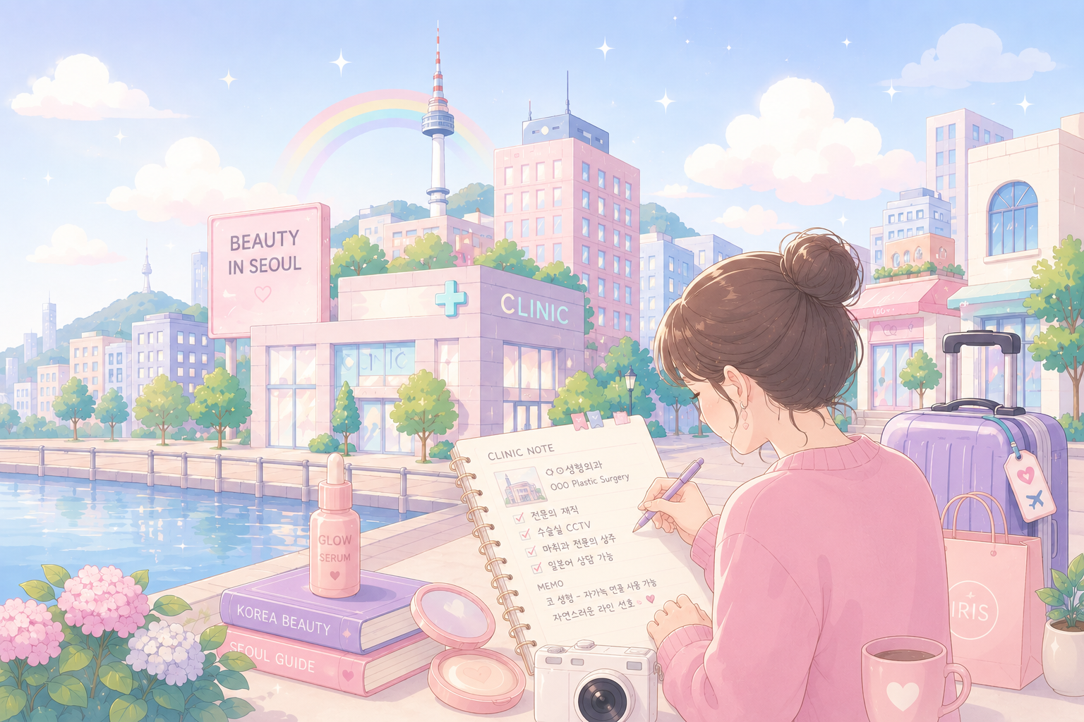 韓国ソウルの美容クリニック街でノートを書く女性のイラスト